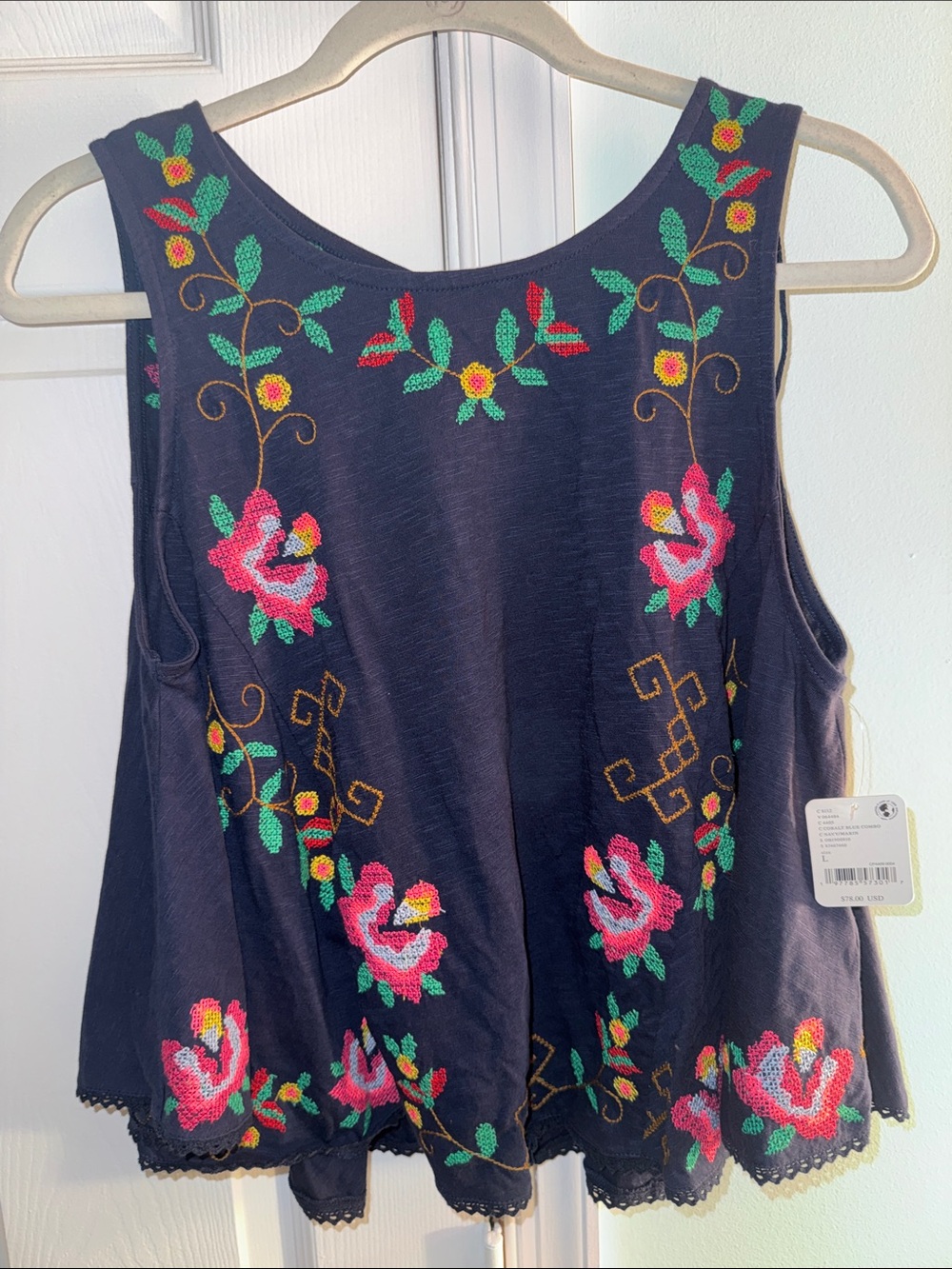 Free People Navy Embroidered Floral Tank with Pink Roses
